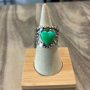 Intricate Silver Ring with Green Heart Stone
